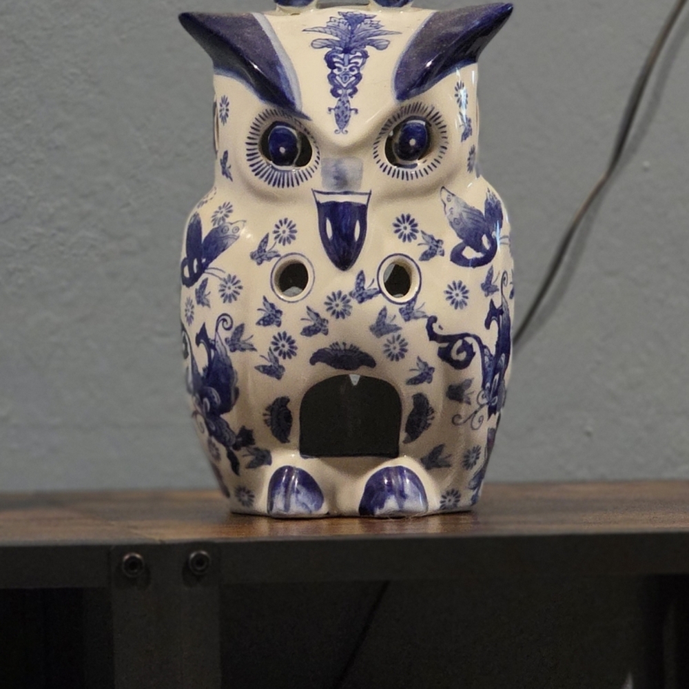 Blue and White Ceramic Owl Figurine Blue Delft Style